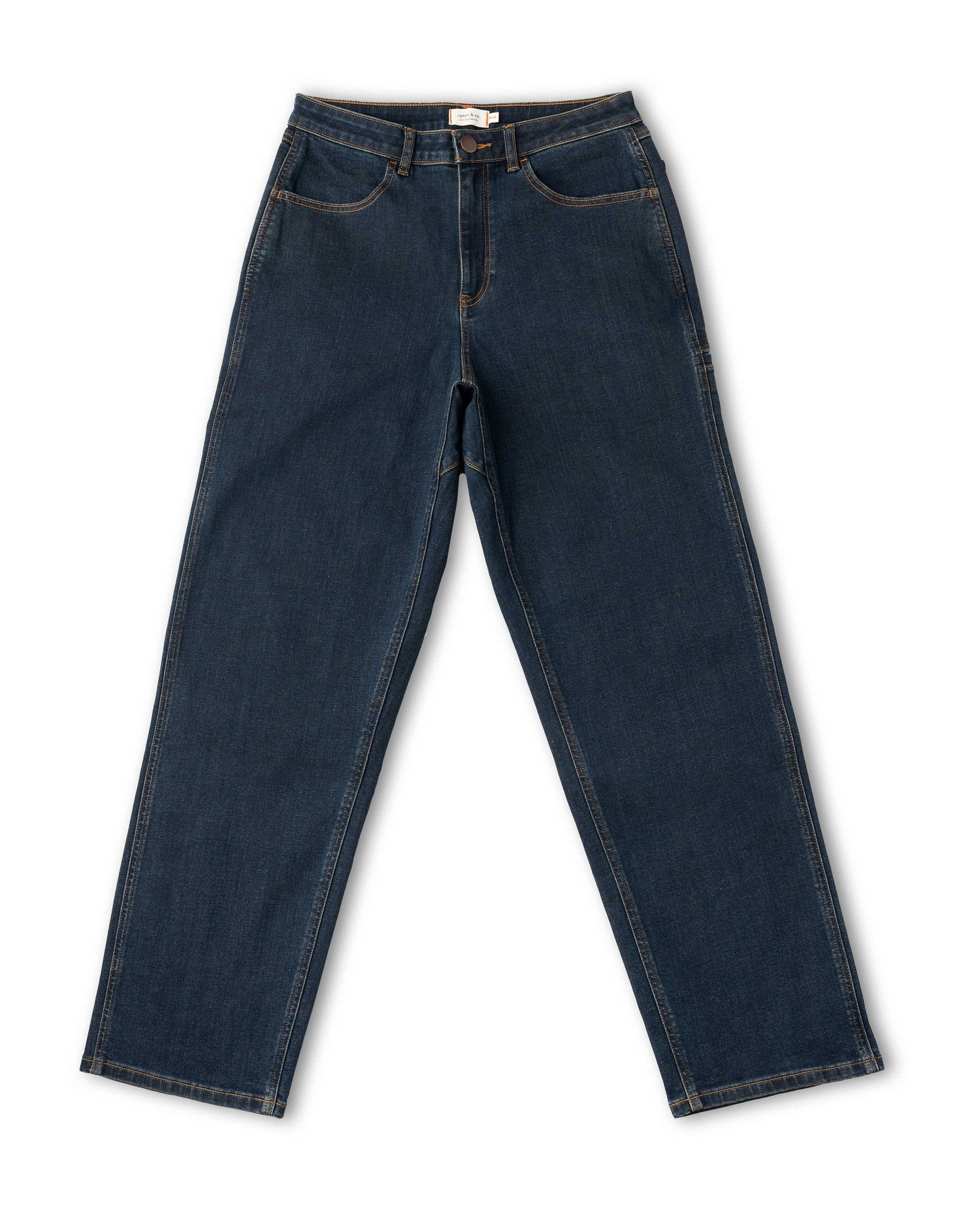 Pair of dark blue jeans on a white background