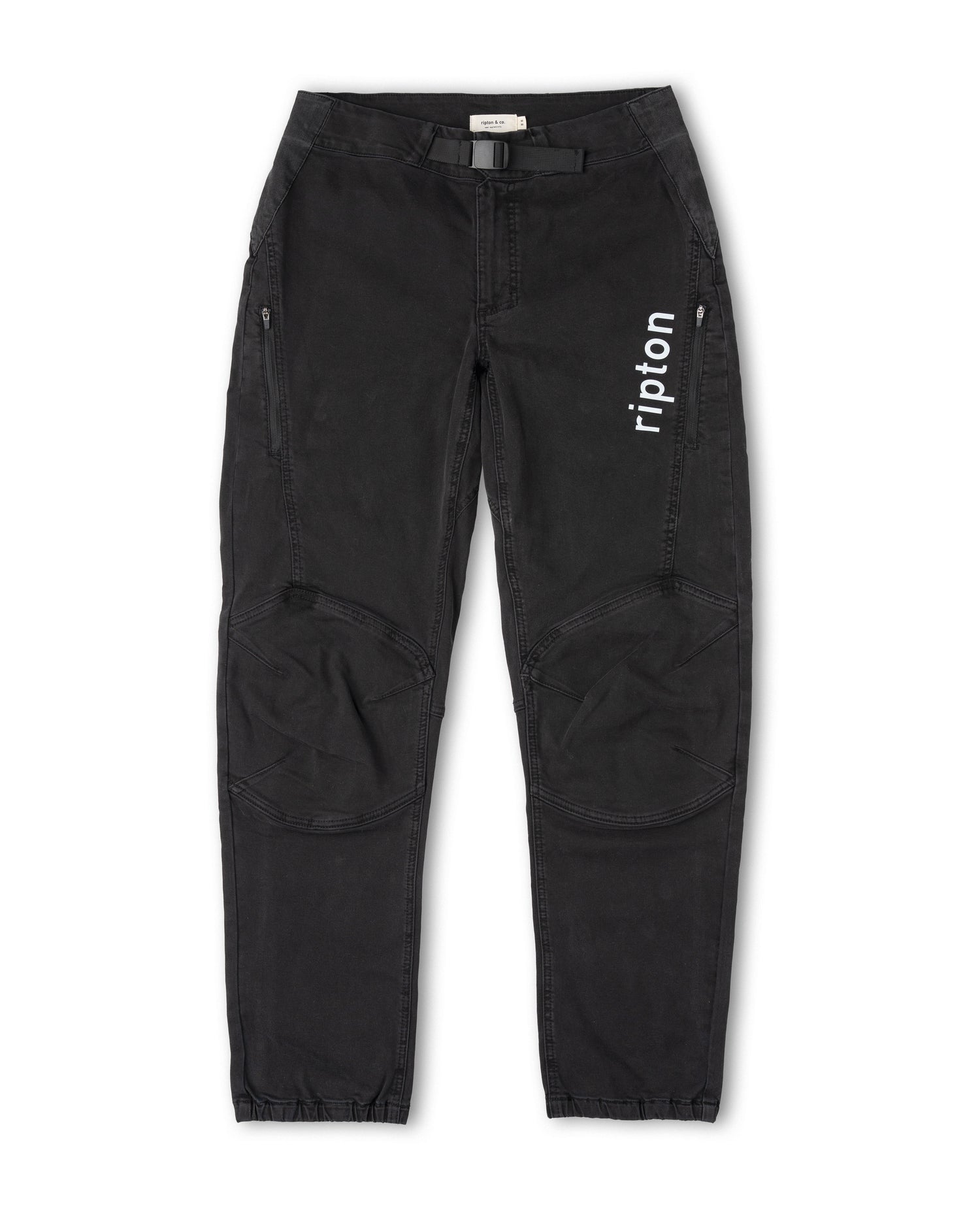 Black pants with 'ripton' branding on a white background