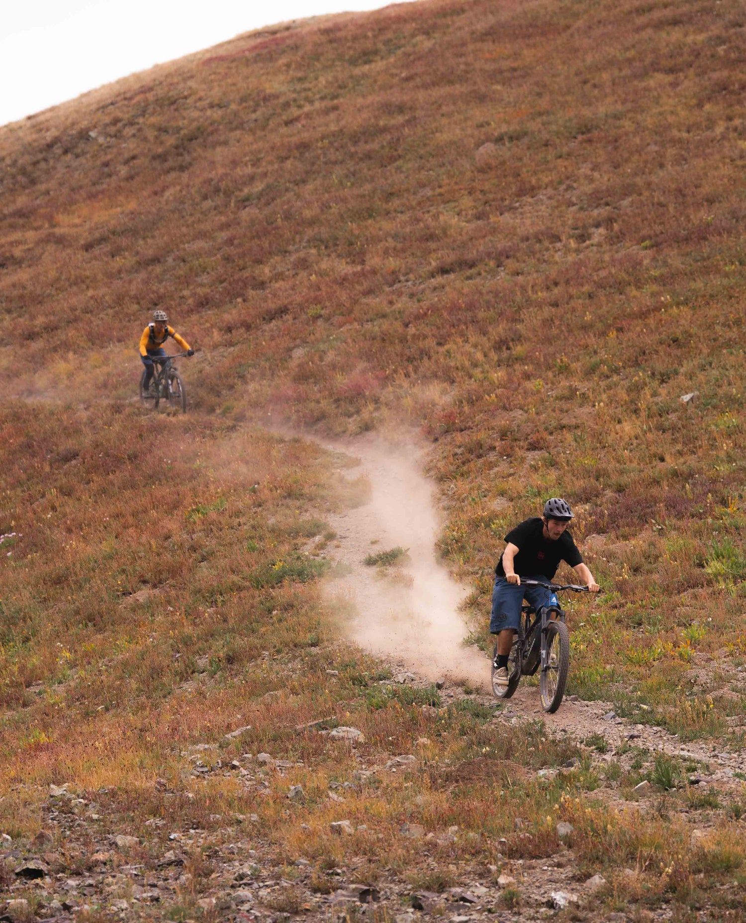 Two mountain bikers riding on a dirt trail in a grassy field.