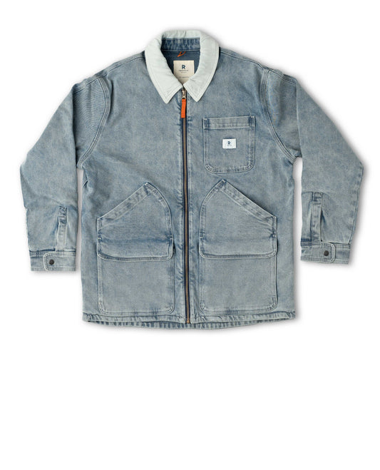 Blue denim jacket with white collar on a white background Color:Light