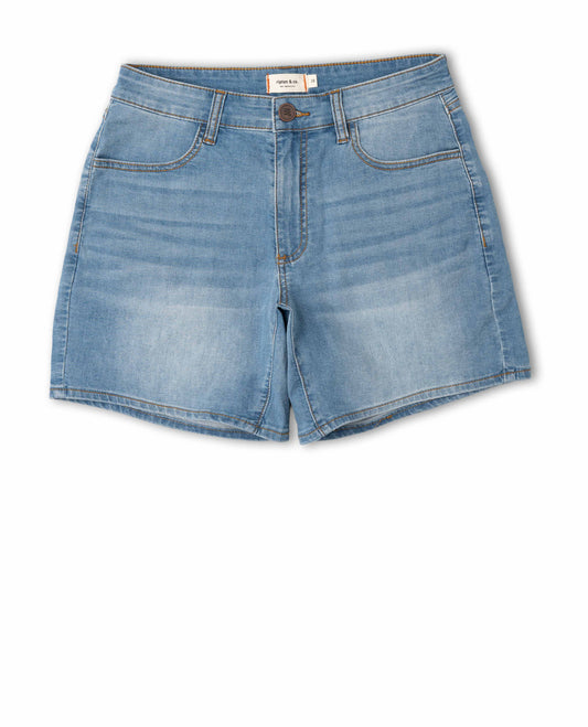 Blue denim shorts on a white background
