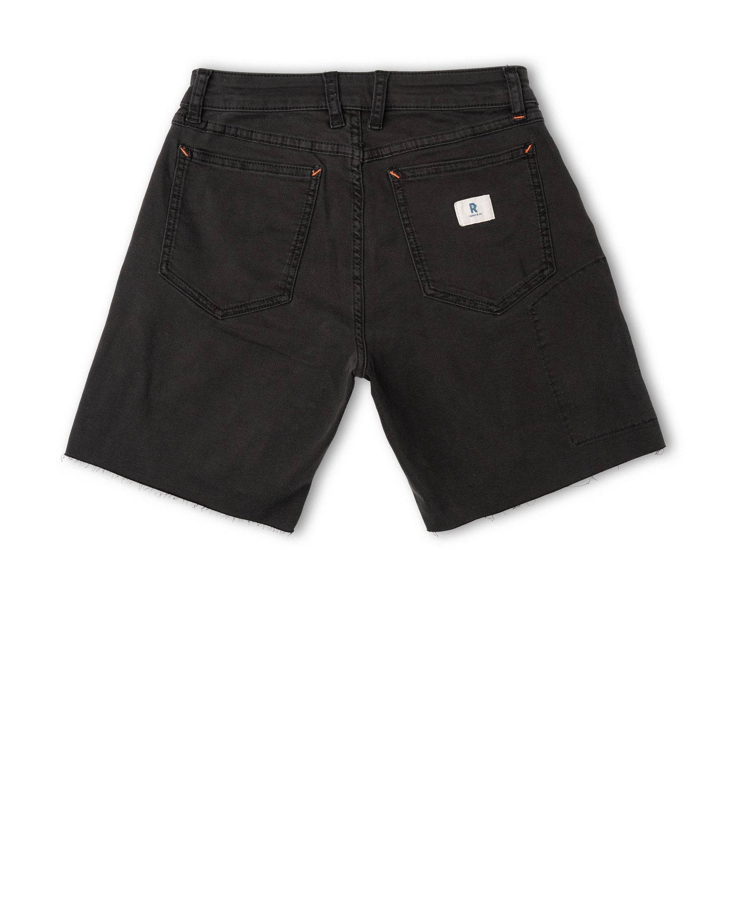 Black denim shorts with a brand logo on a white background