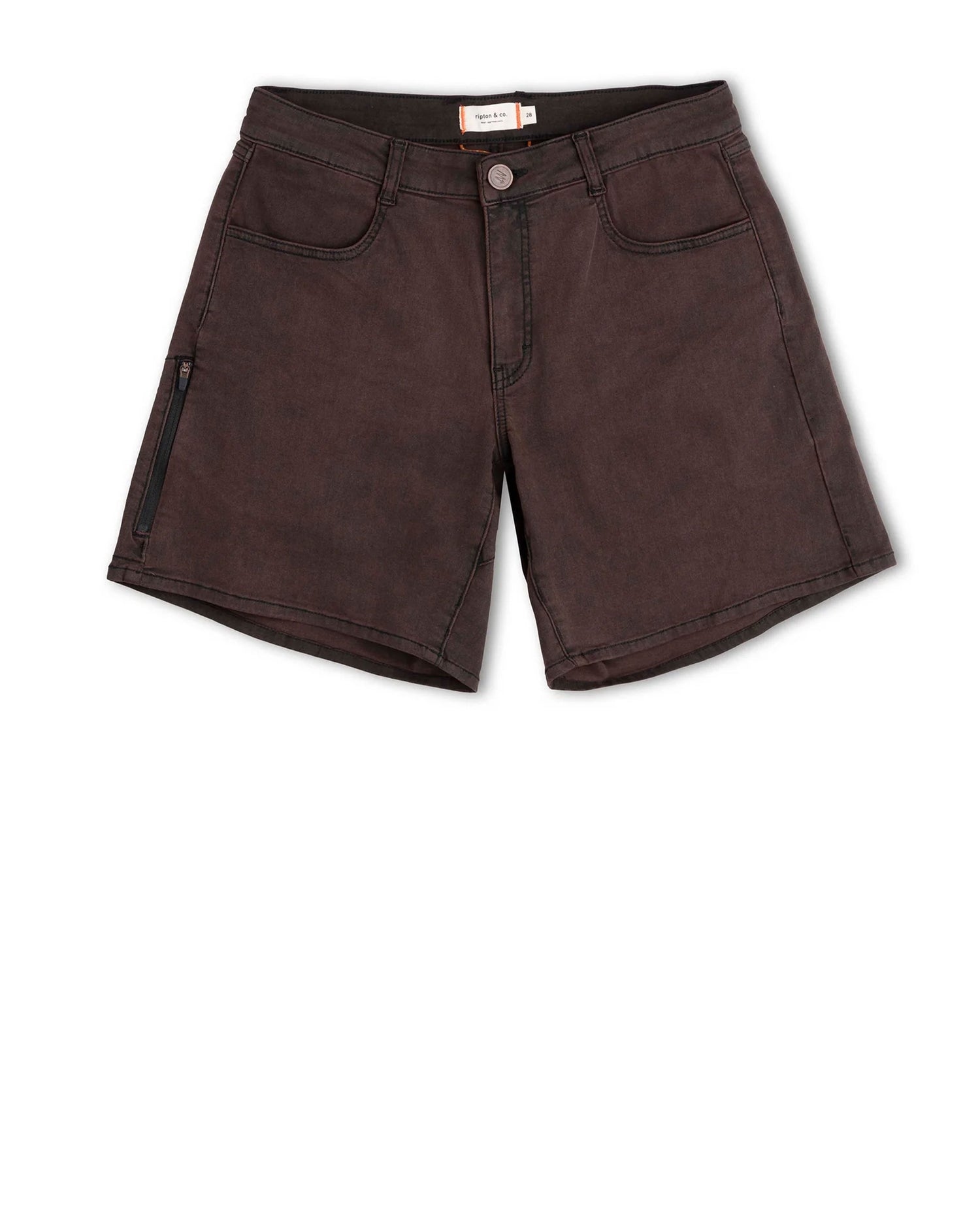 Brown shorts with a visible brand logo on a white background