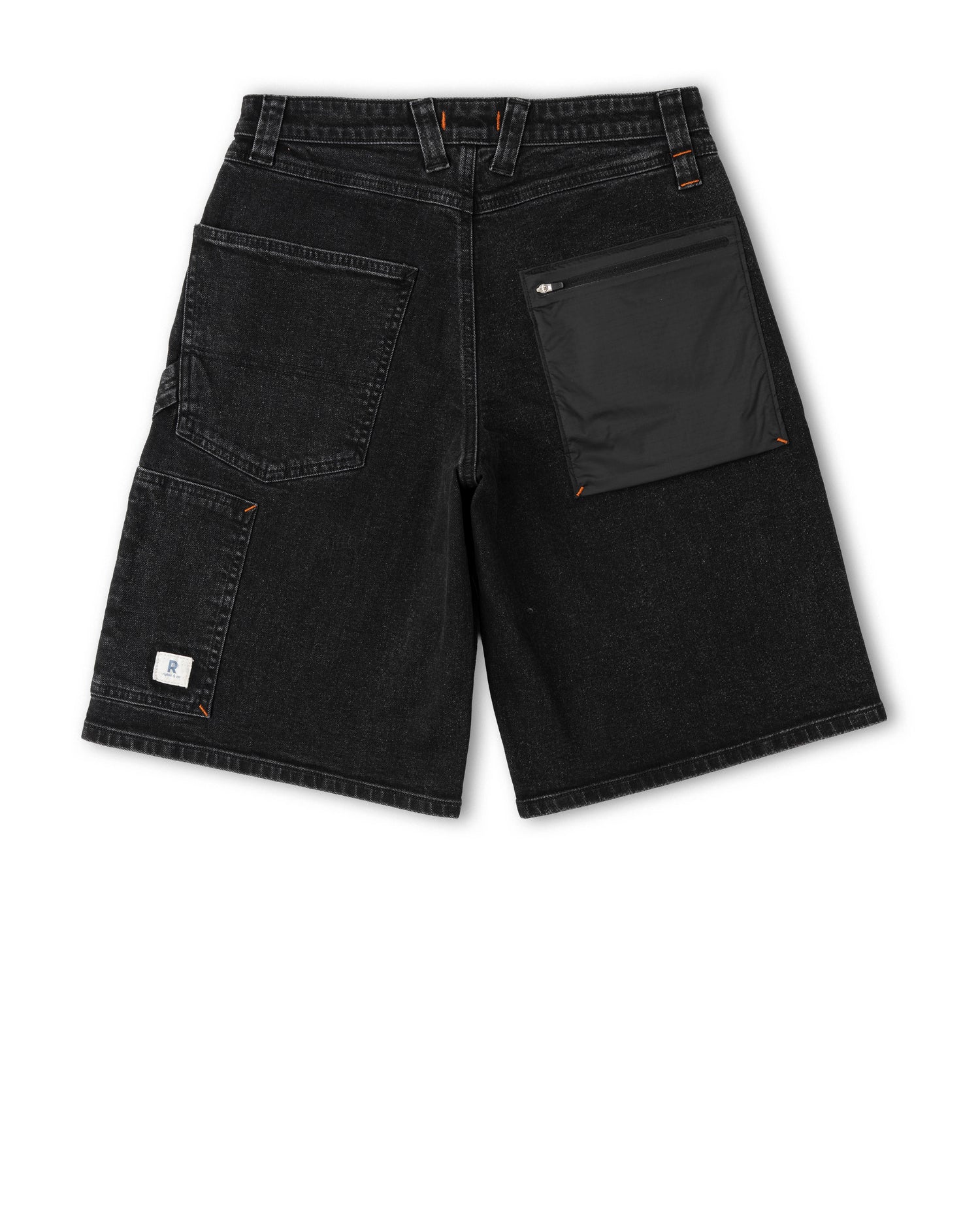 Black denim shorts on a white background