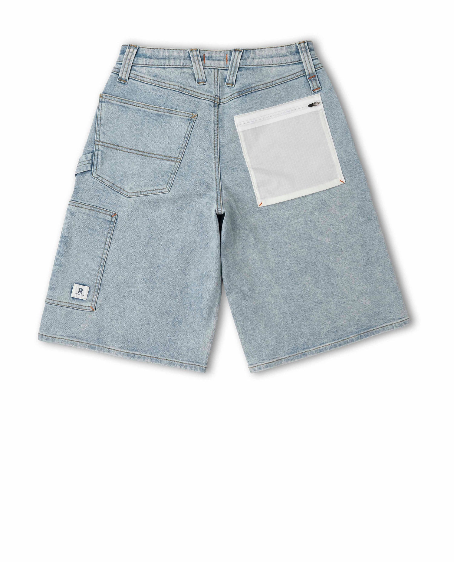 Light blue denim shorts with white patches on a white background