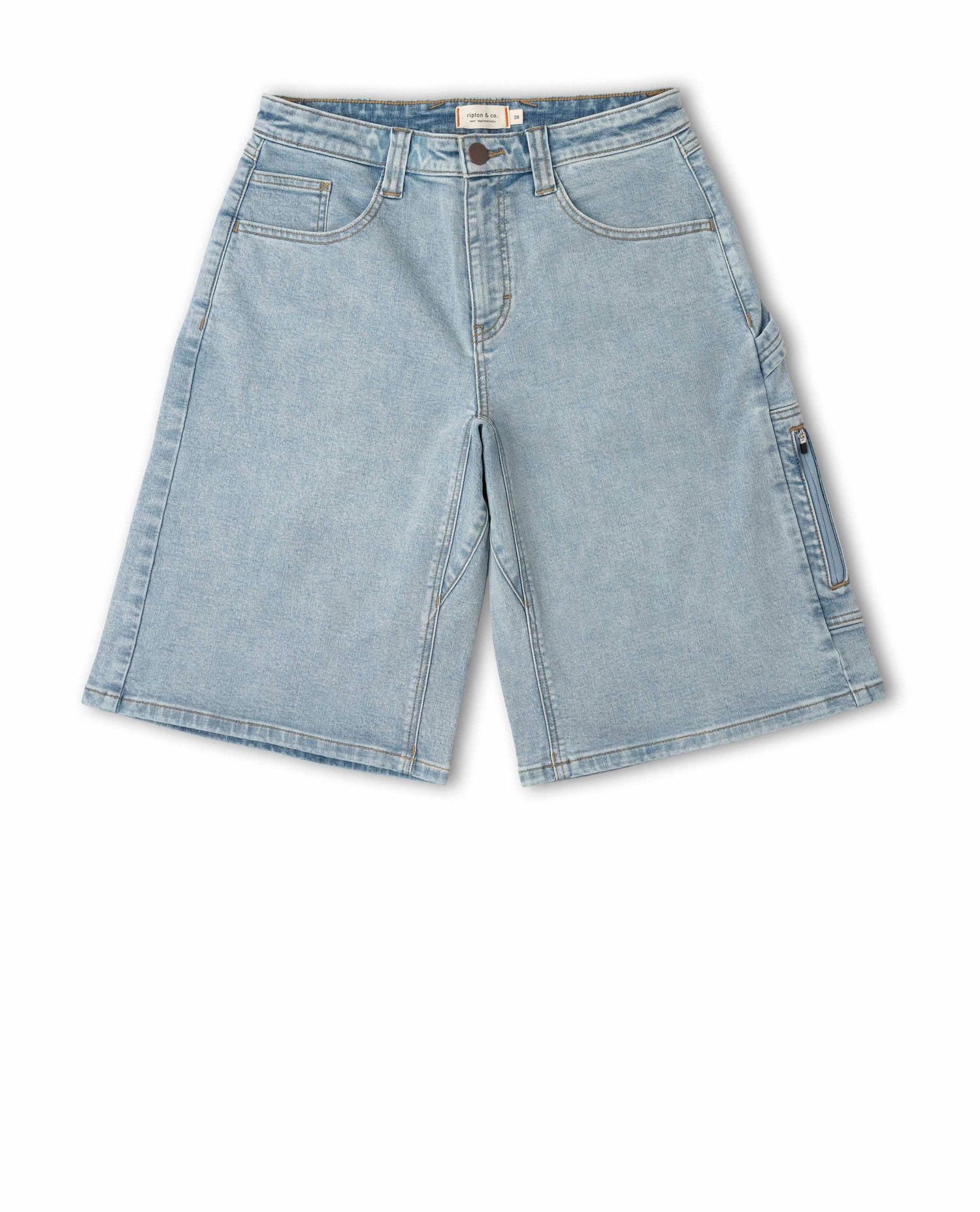 Light blue denim shorts on a white background