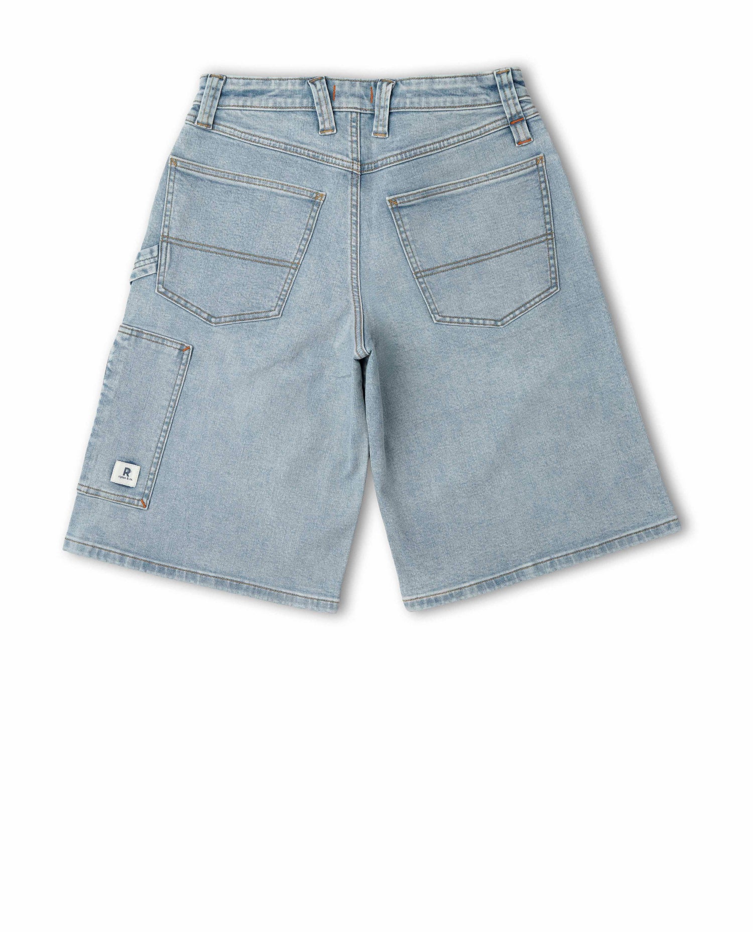 Light blue denim shorts on a white background