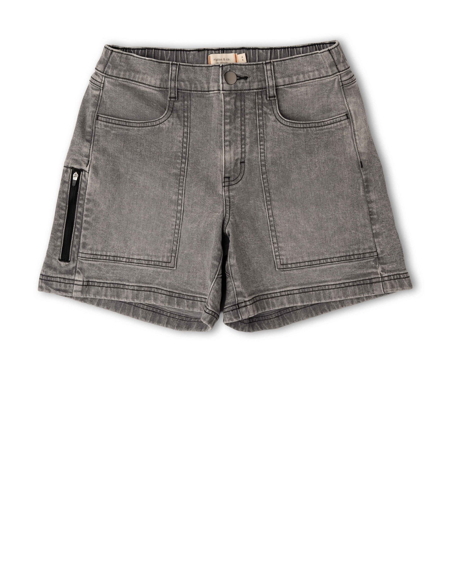 Gray denim shorts with zippers on a white background