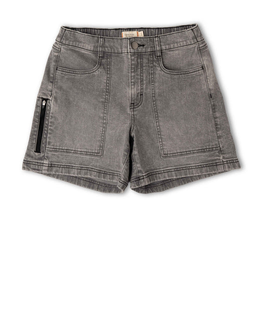 Gray denim shorts with zippers on a white background