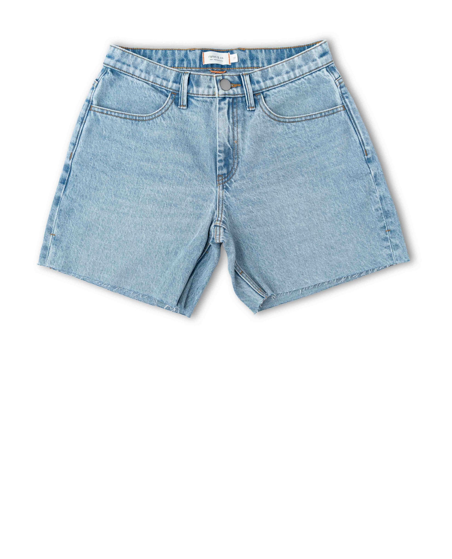 Front of light blue denim shorts on a white background.