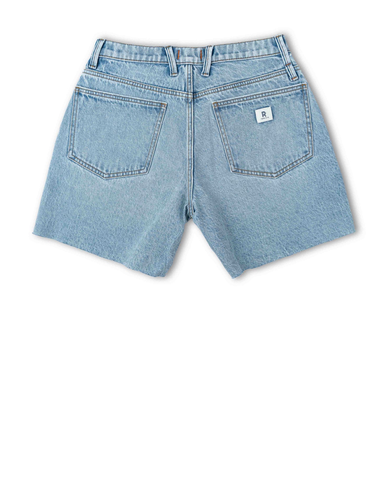 Back of light blue denim shorts on a white background.