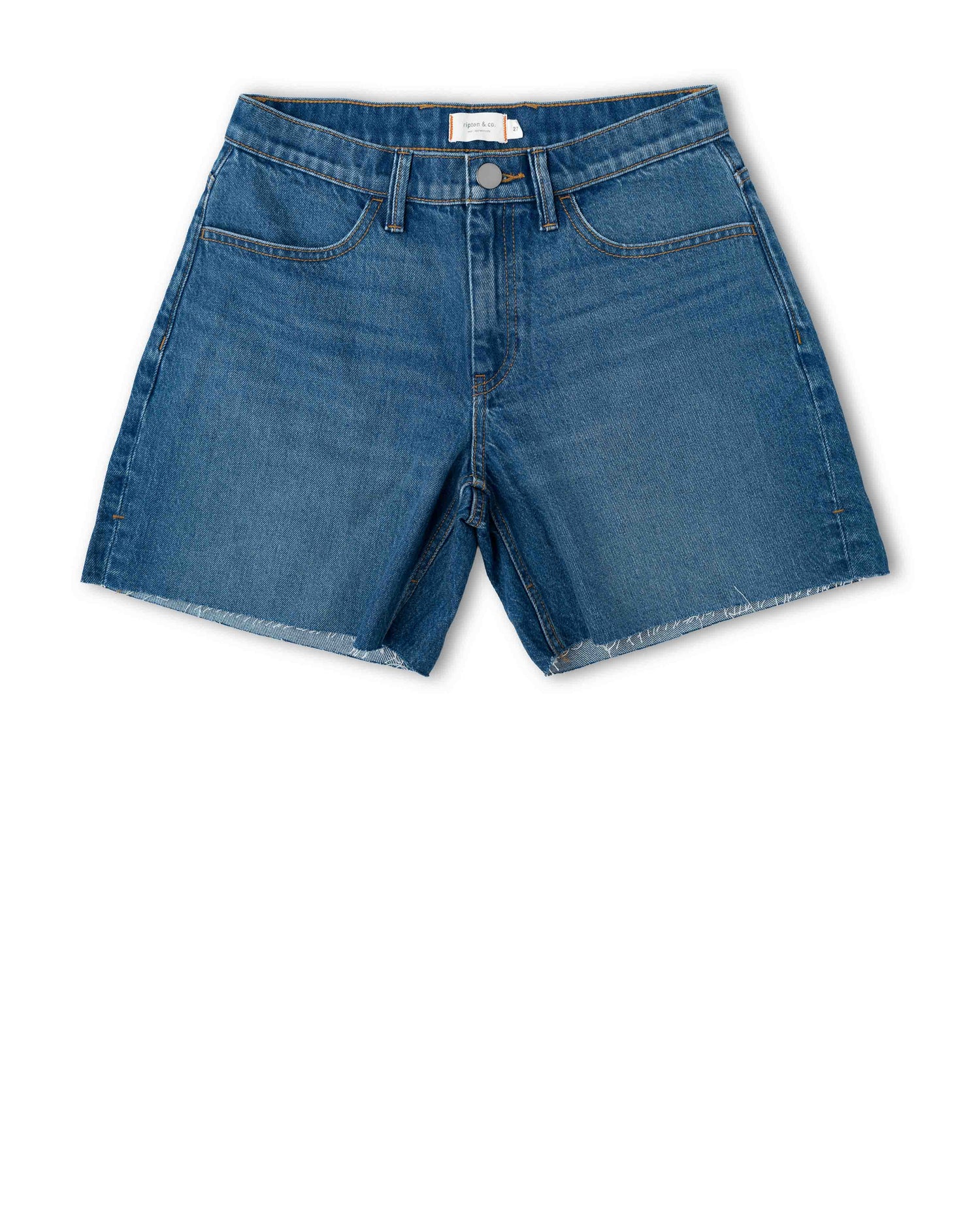 Front of blue denim shorts on a white background.