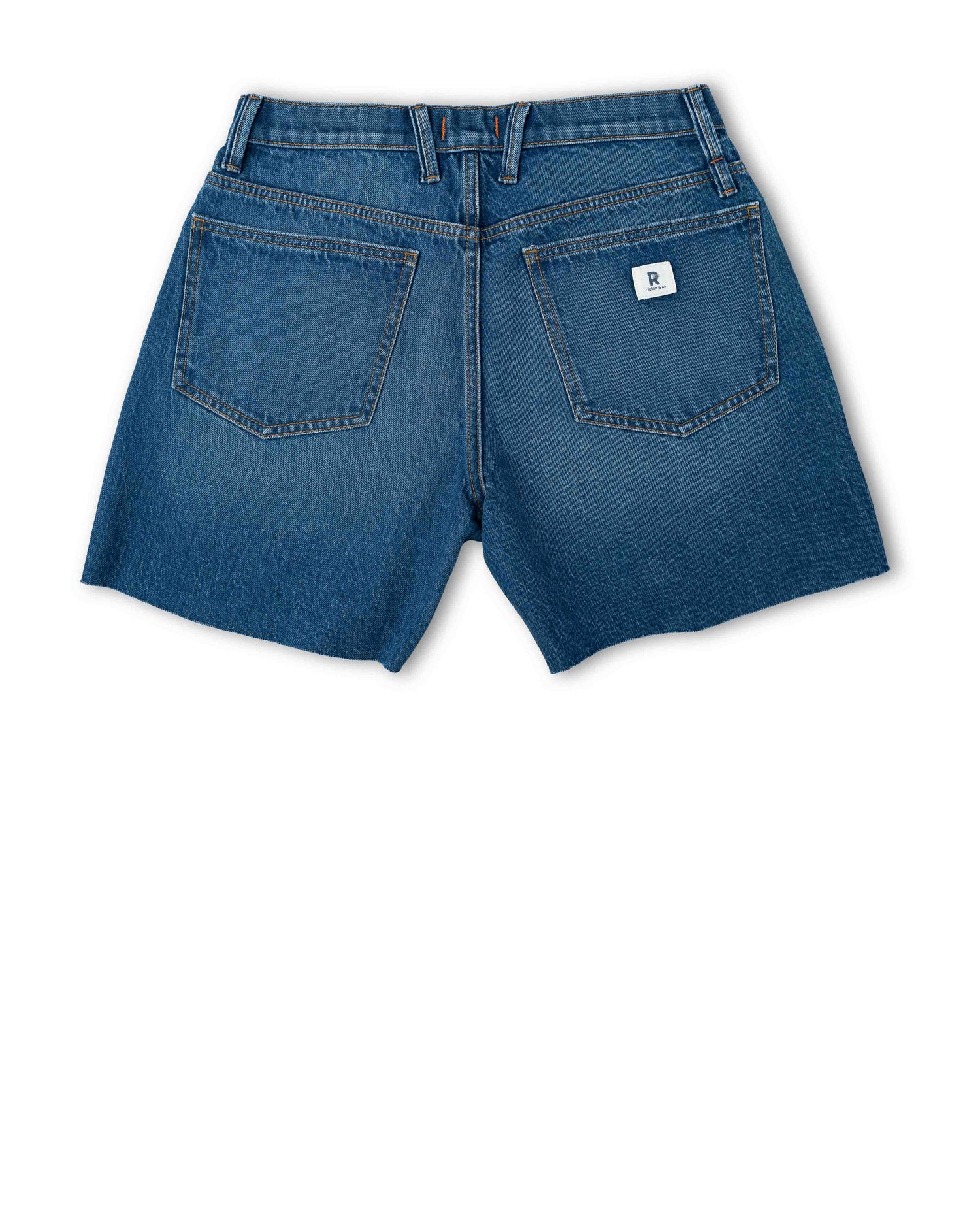 Back of blue denim shorts on a white background.