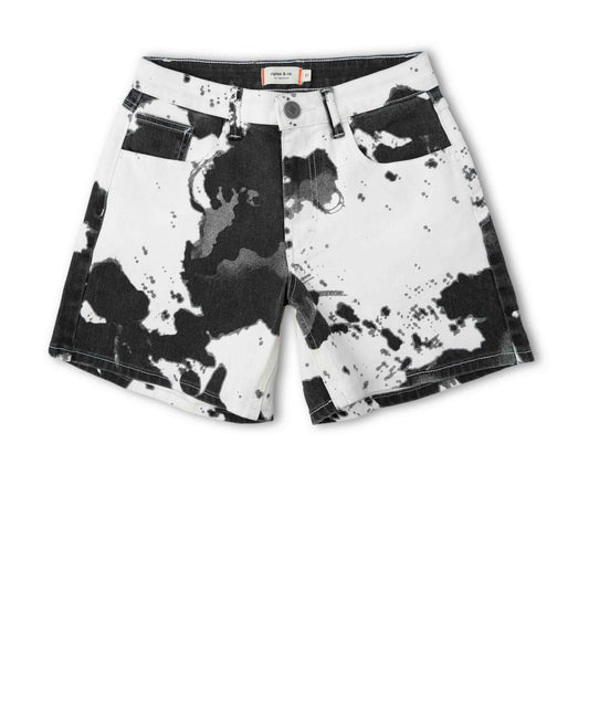 Black and white shorts with abstract pattern on a white background