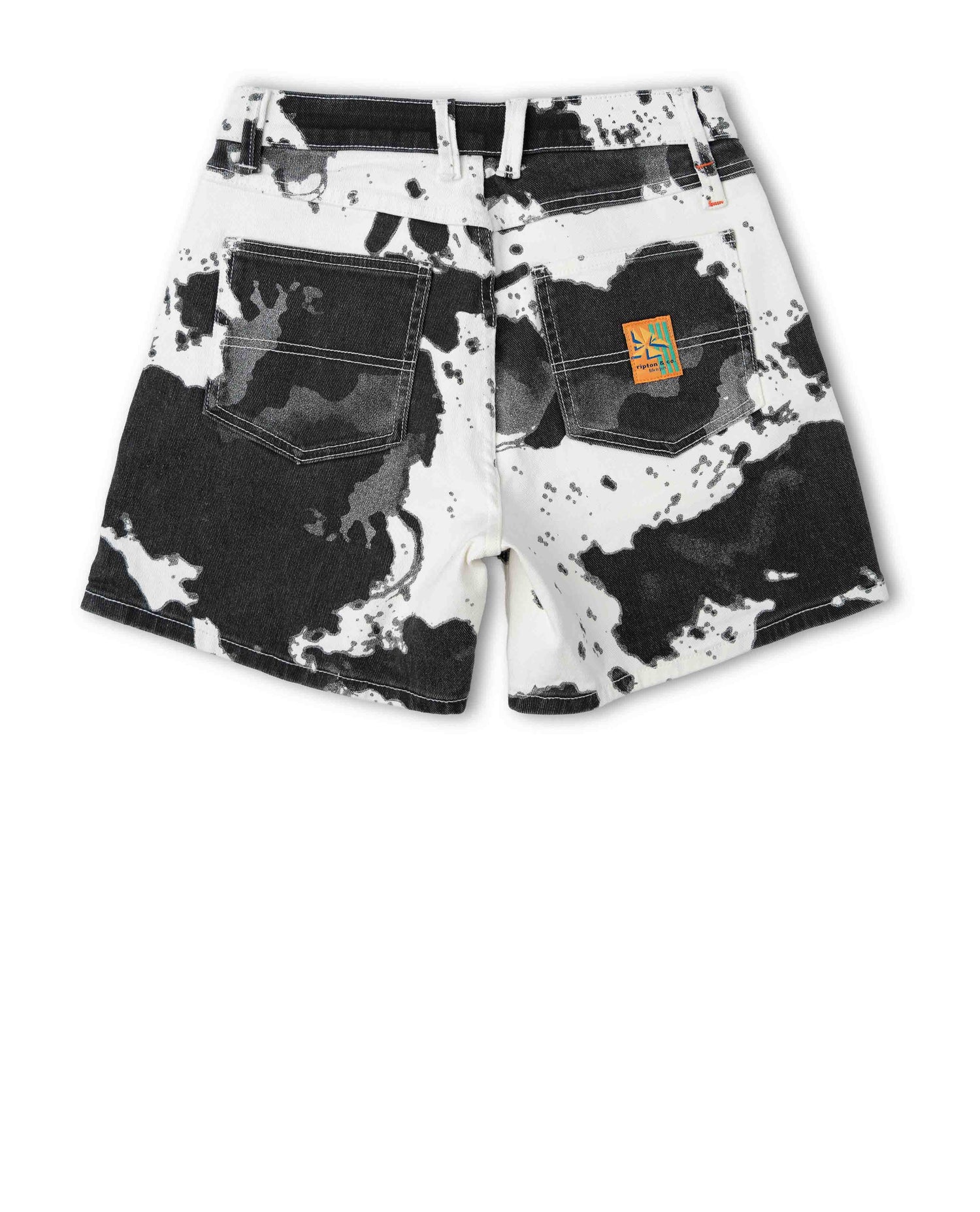 Black and white distressed denim shorts with a visible brand logo on a white background