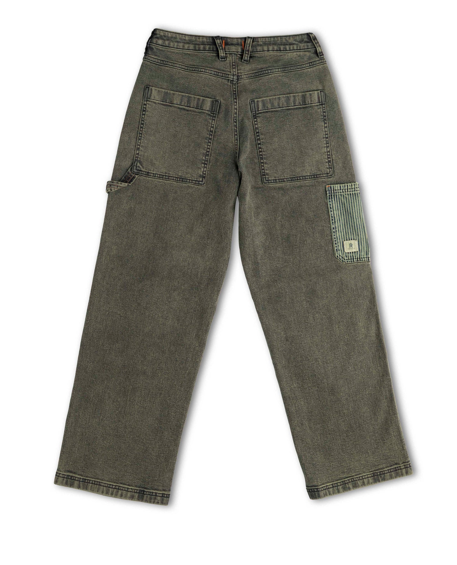 Pair of green work pants on a white background