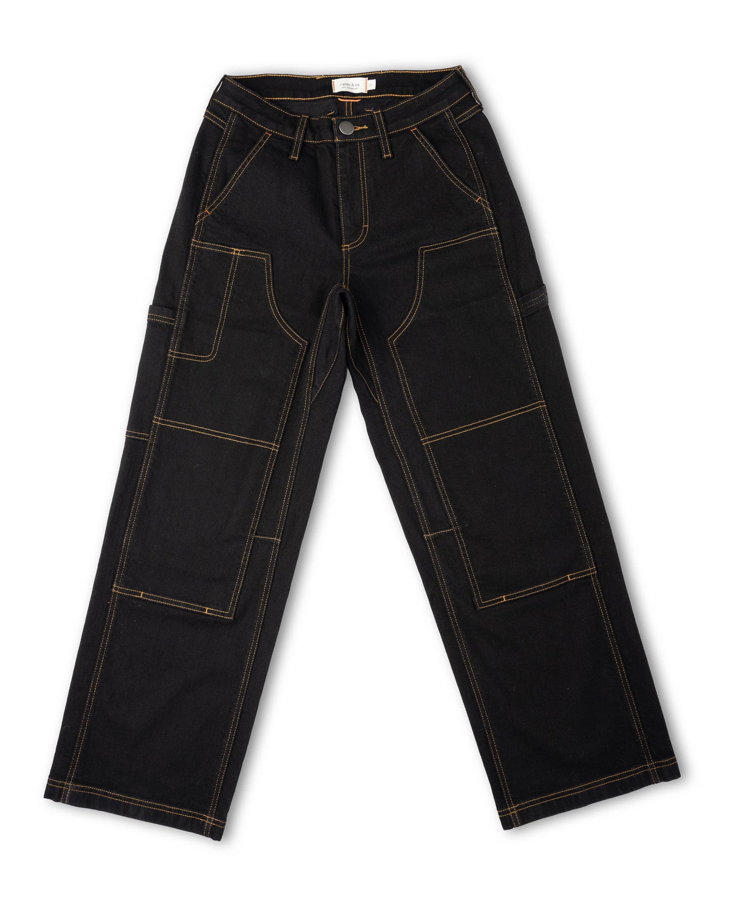 Black pant with yellow stitching, on white background, front view