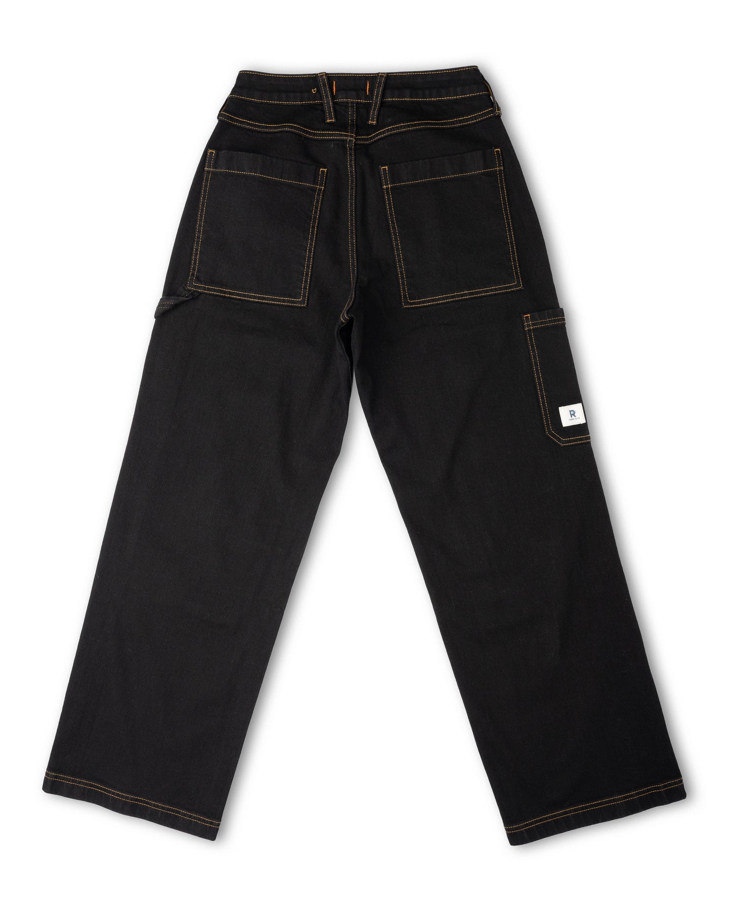 Black pant with yellow stitching, on white background, back view