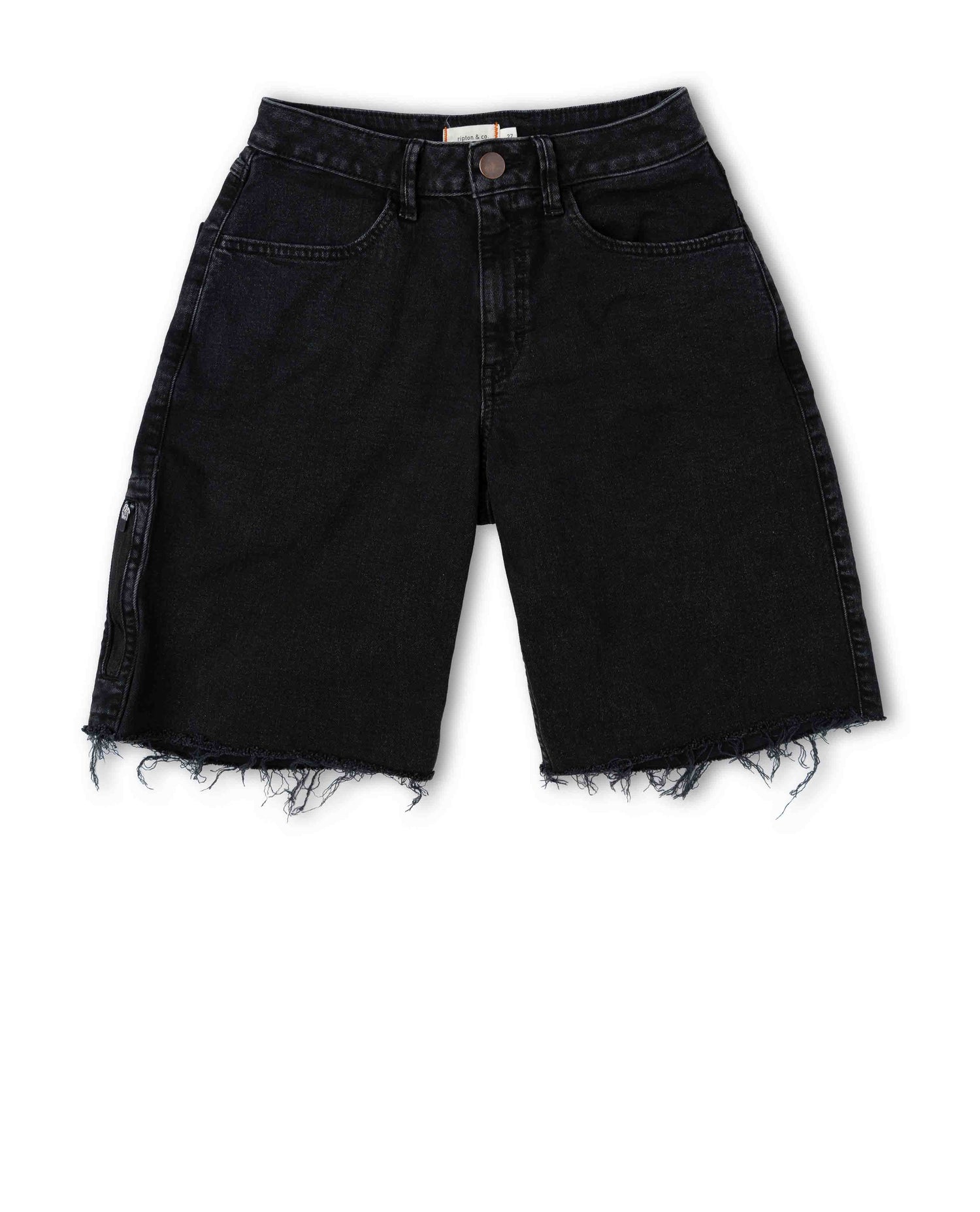 Black denim shorts on a white background