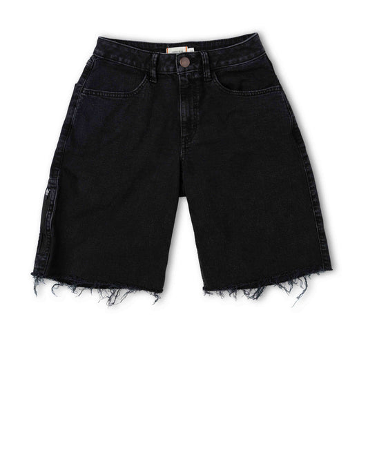 Black denim shorts on a white background