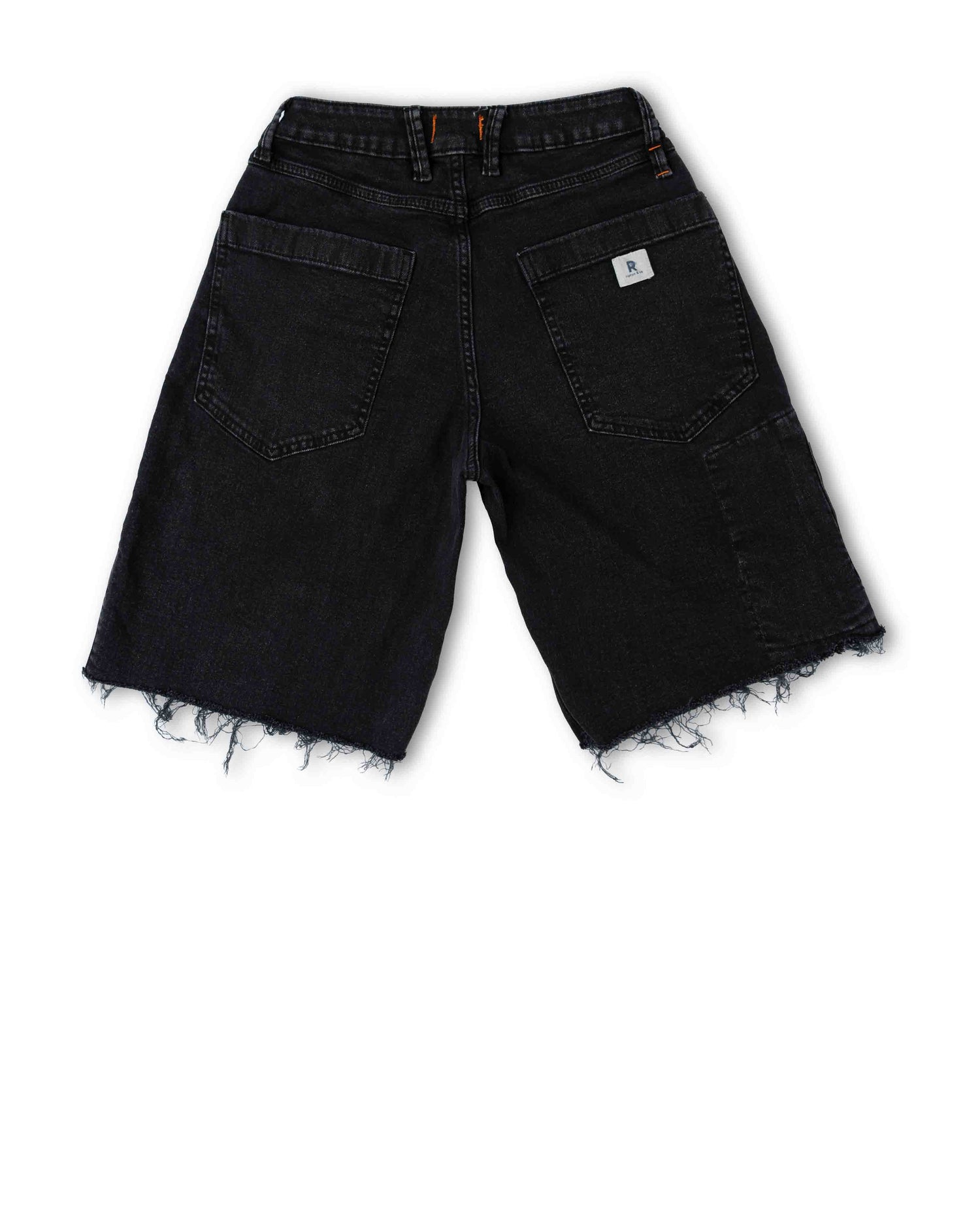 Black denim shorts on a white background