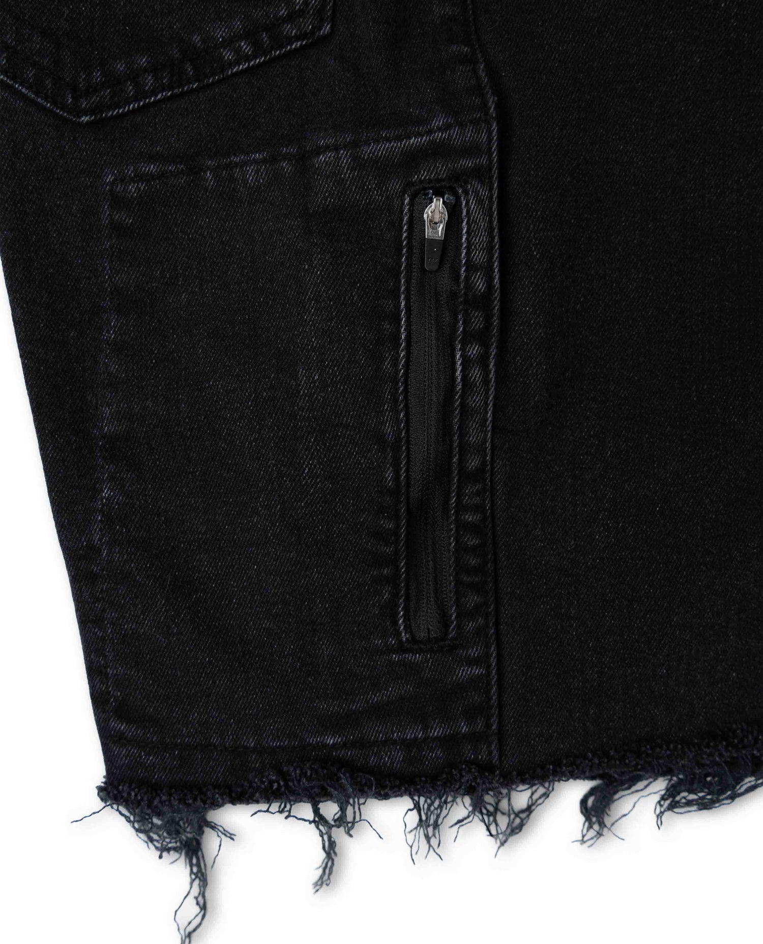 Close-up of a black denim jacket with frayed hem on a white background