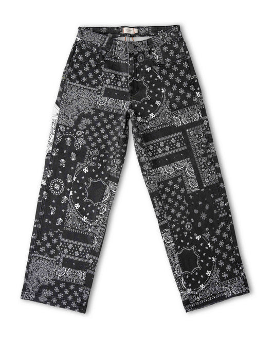 Black and white patchwork bandana print pants shown flat against a white background.