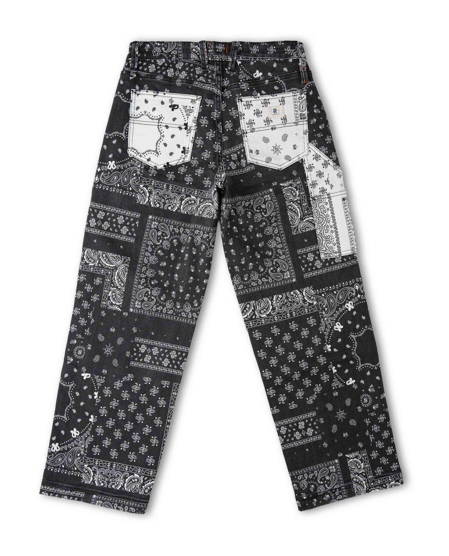 Black and white bandana print pant, back view, on a white background.
