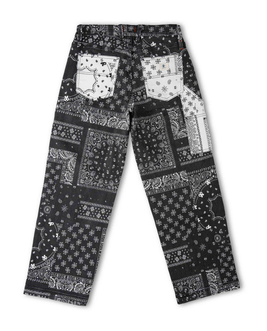 Black and white bandana print pant, back view, on a white background.