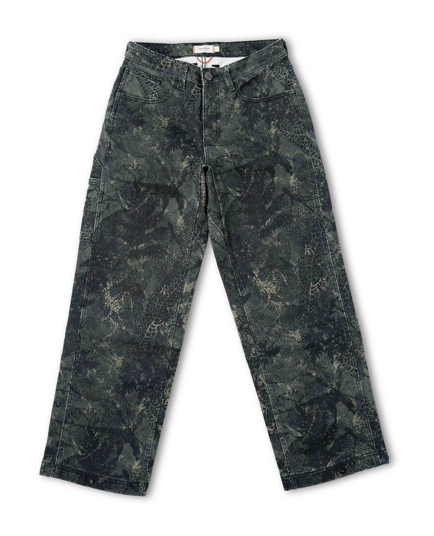 Studio photo of the front of green dark leaf camo pants on white background