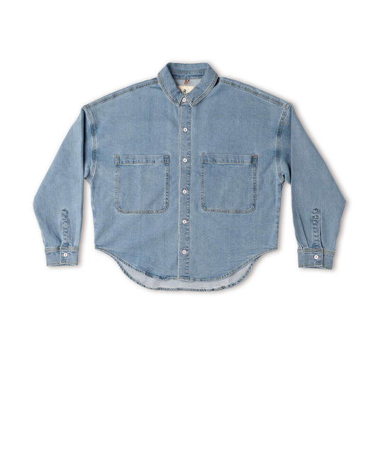 Light blue denim shirt on a white background