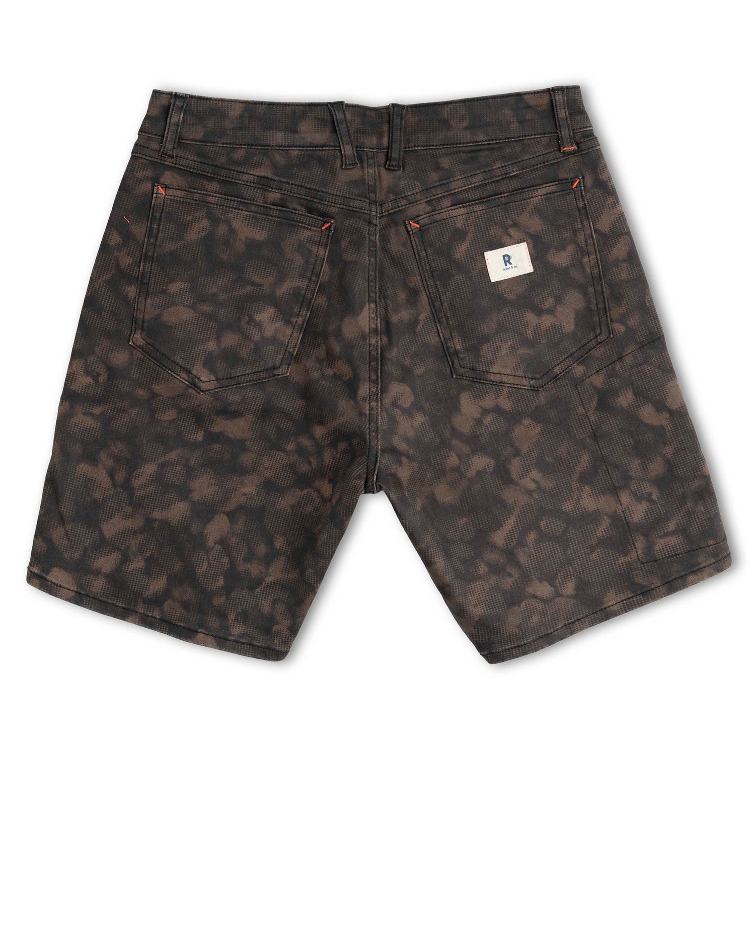 Dark camouflage shorts with a brand logo on a white background