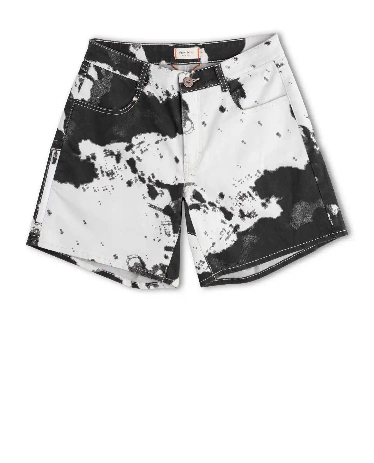 Black and white splatter-patterned shorts on a white background