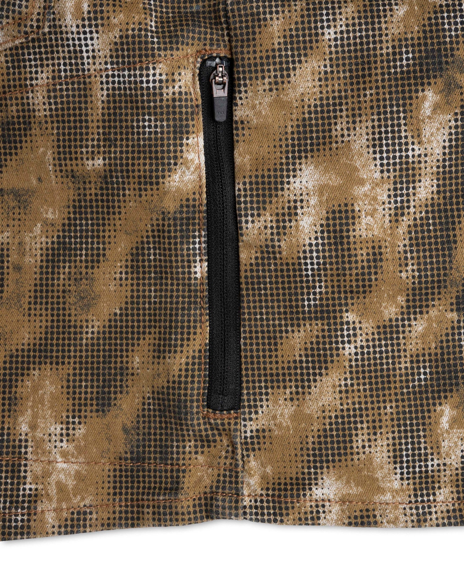 Black zipper on a camouflage-patterned fabric background