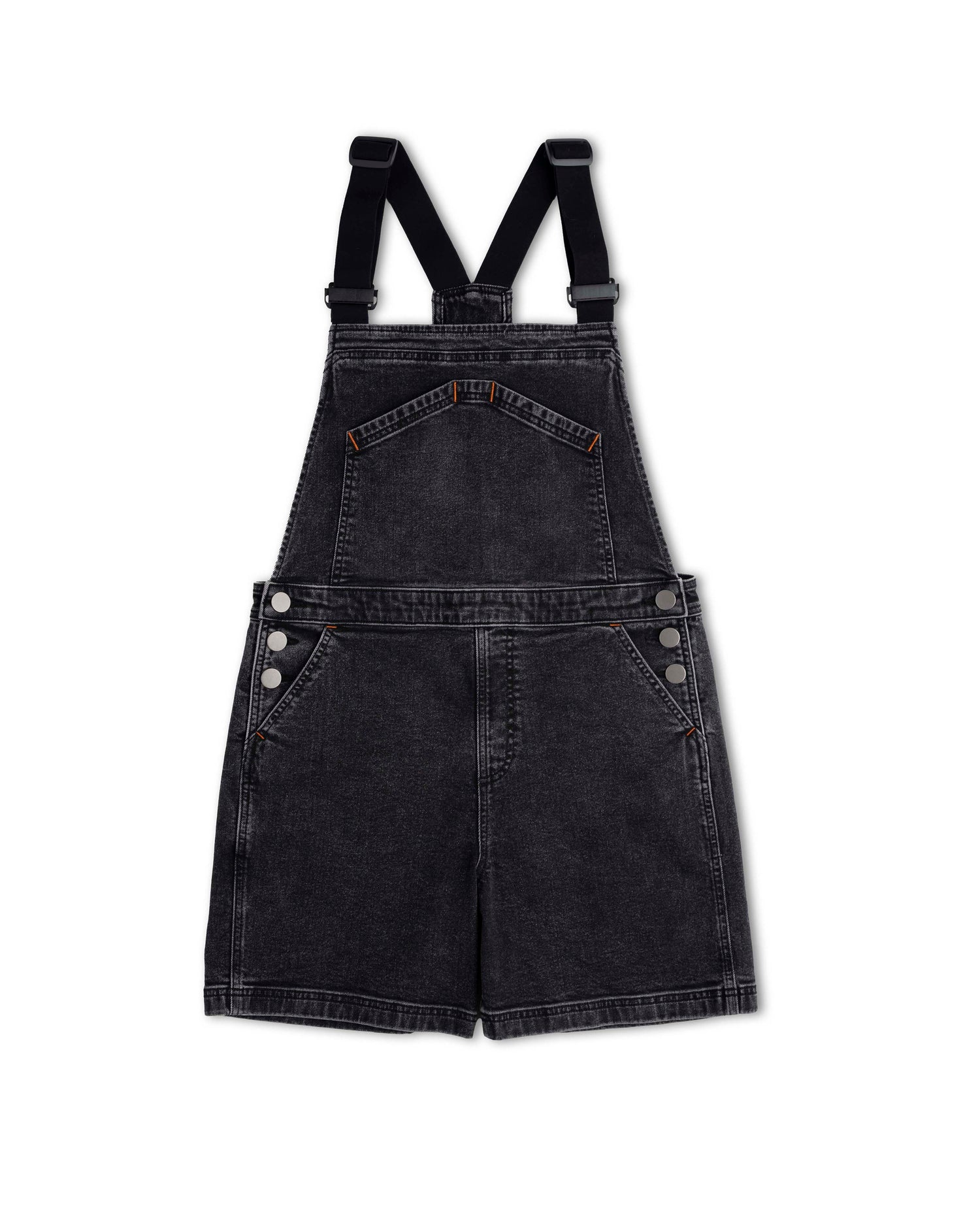 Black denim overall dress with suspenders on a white background