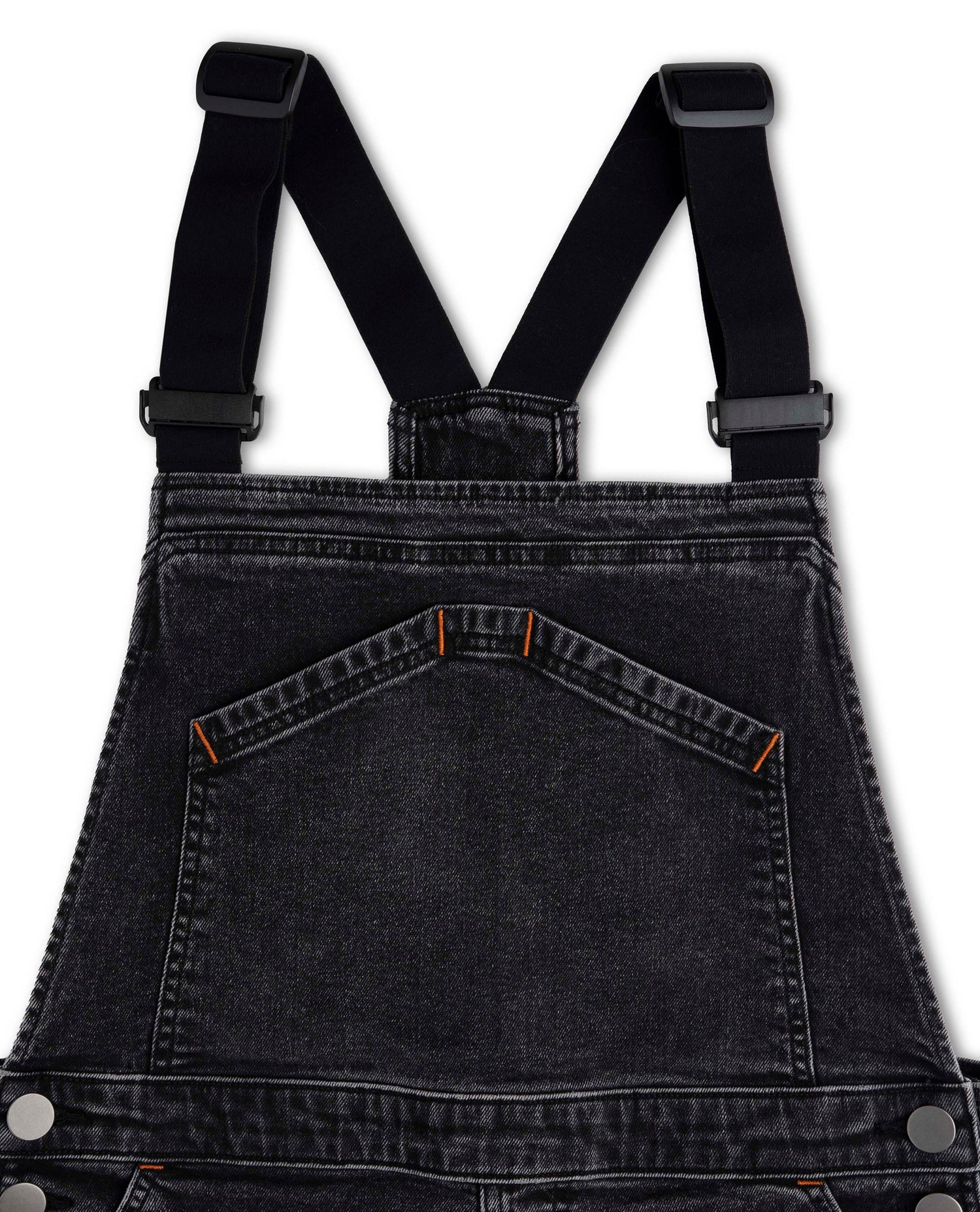 Black denim overalls with suspenders on a white background