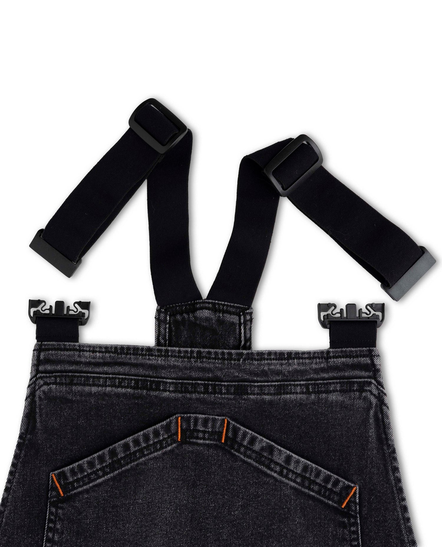 Black denim overalls with suspenders on a white background