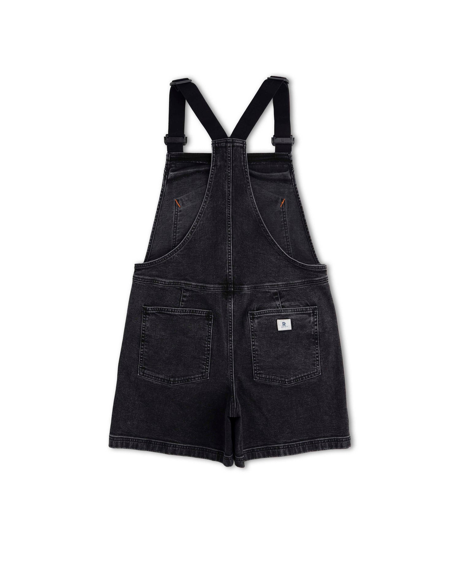 Black denim overall dress on a white background