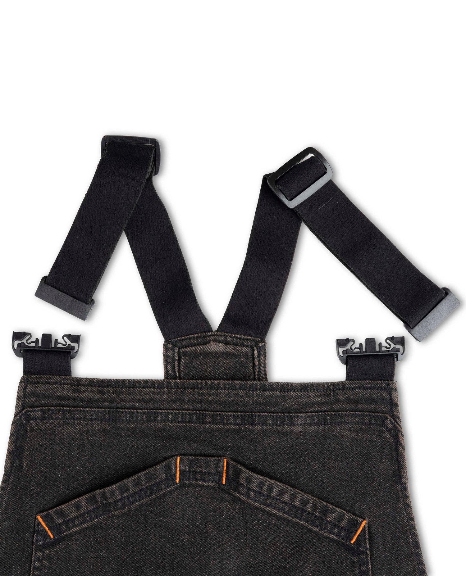 Black denim overalls with suspenders on a white background