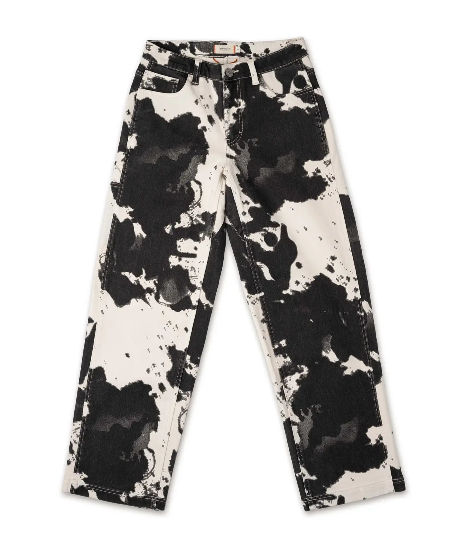 Front of black and white multi-colored pants on white background 