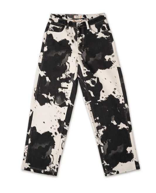 Front of black and white multi-colored pants on white background 