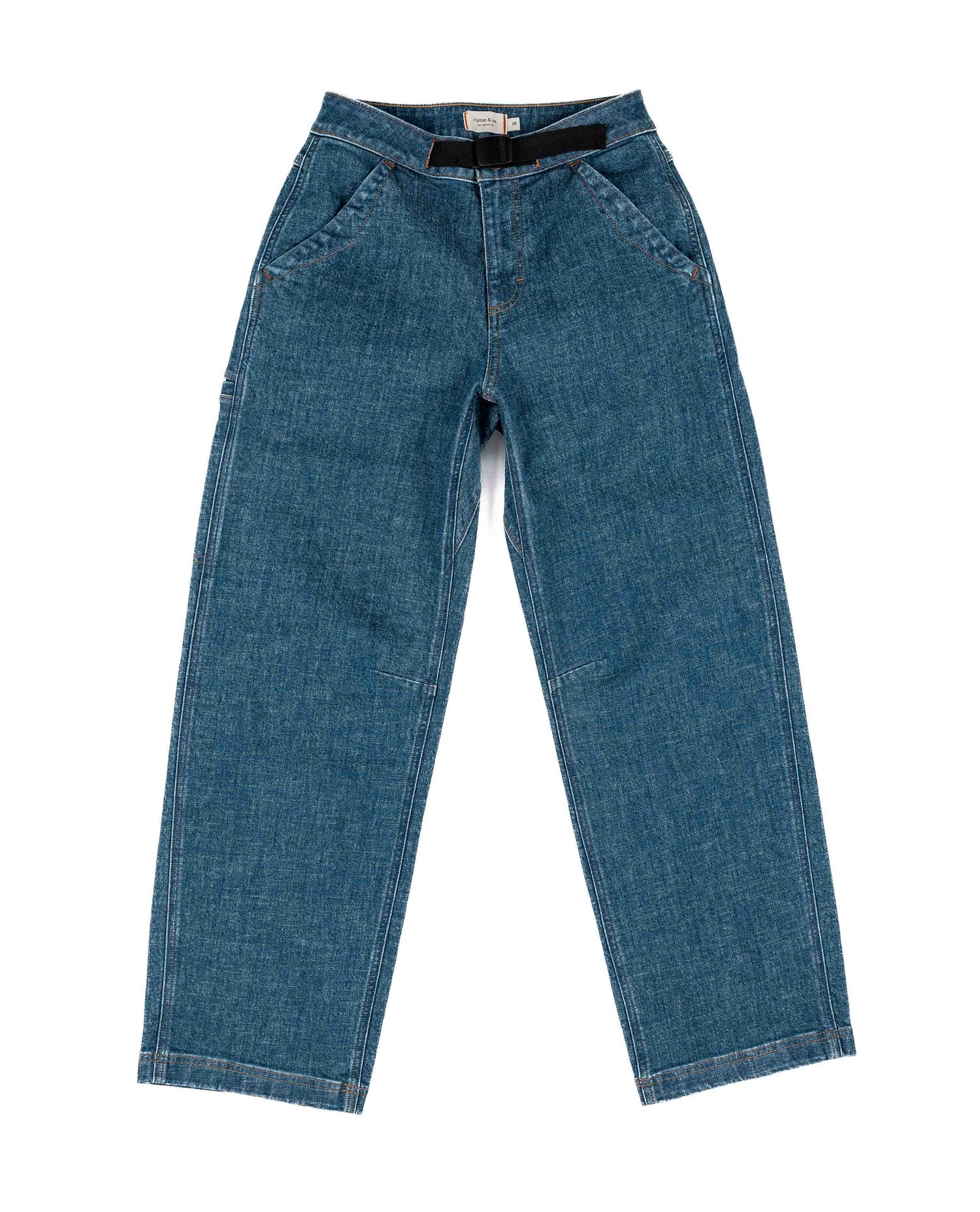 Navy pants with black belt on white background