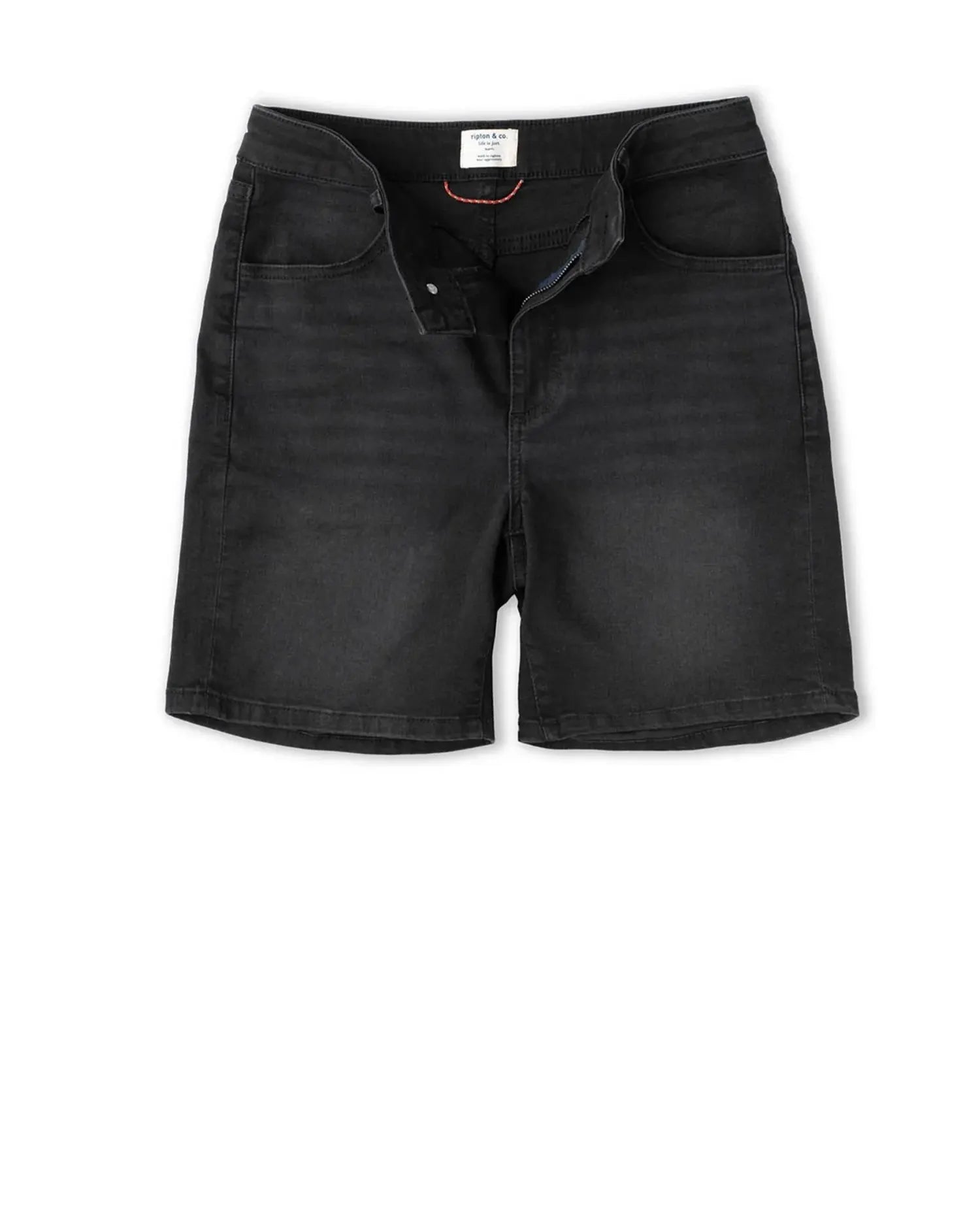 Black denim shorts on a white background