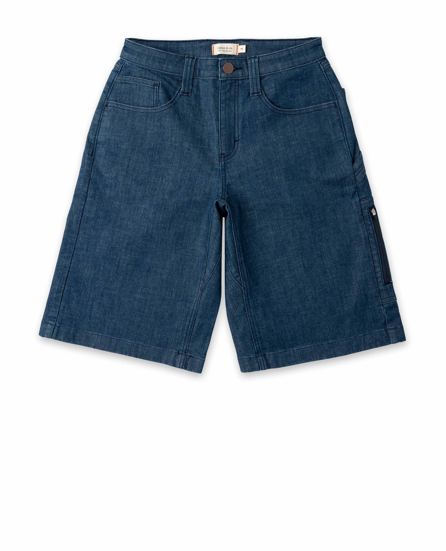 Blue denim shorts on a white background