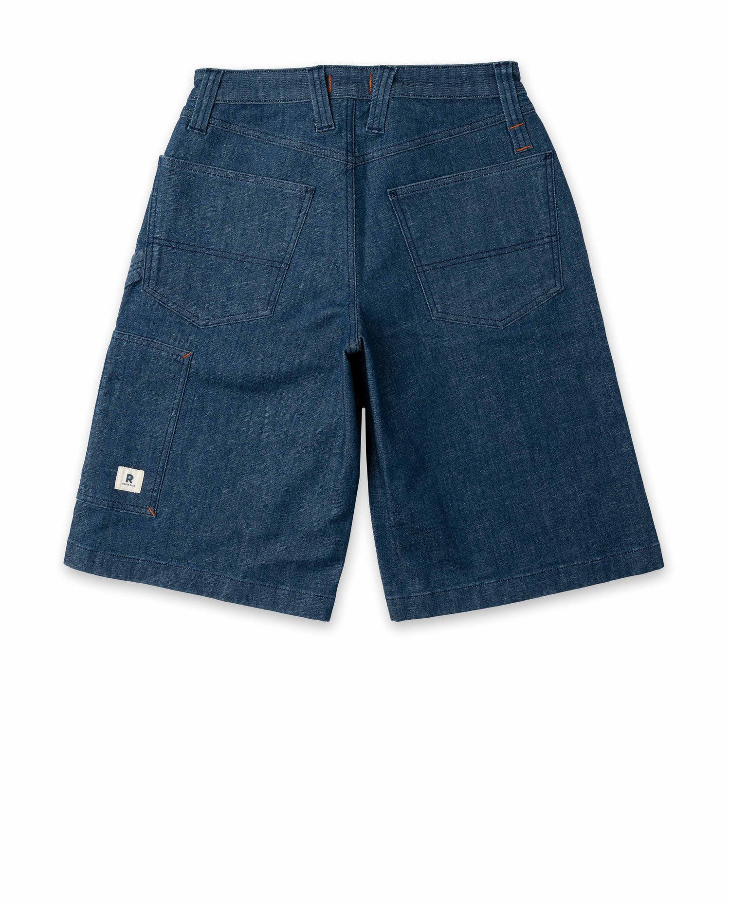 Blue denim shorts on a white background
