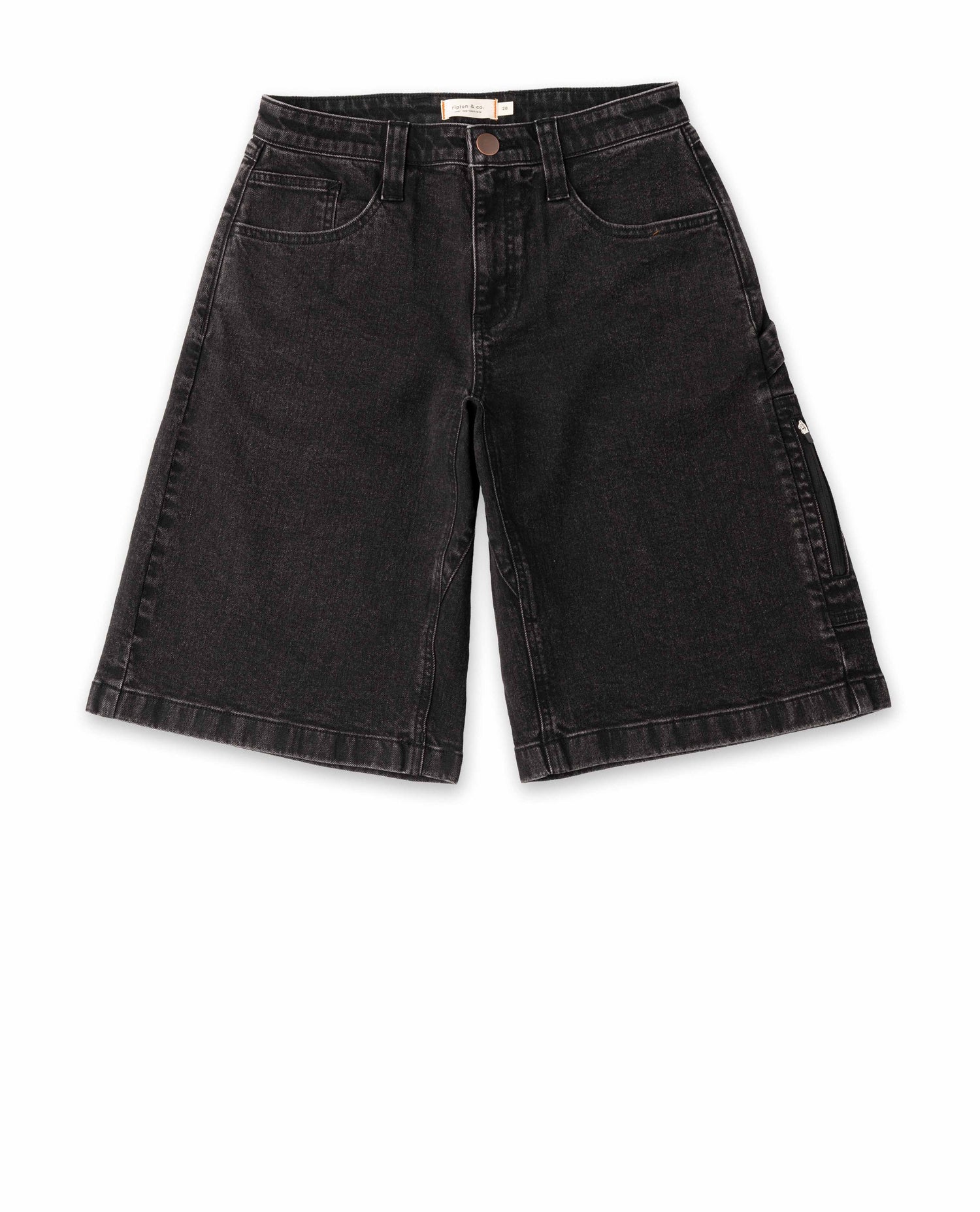Black denim shorts on a white background
