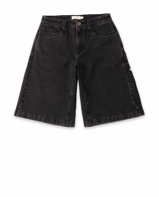 Black denim shorts on a white background