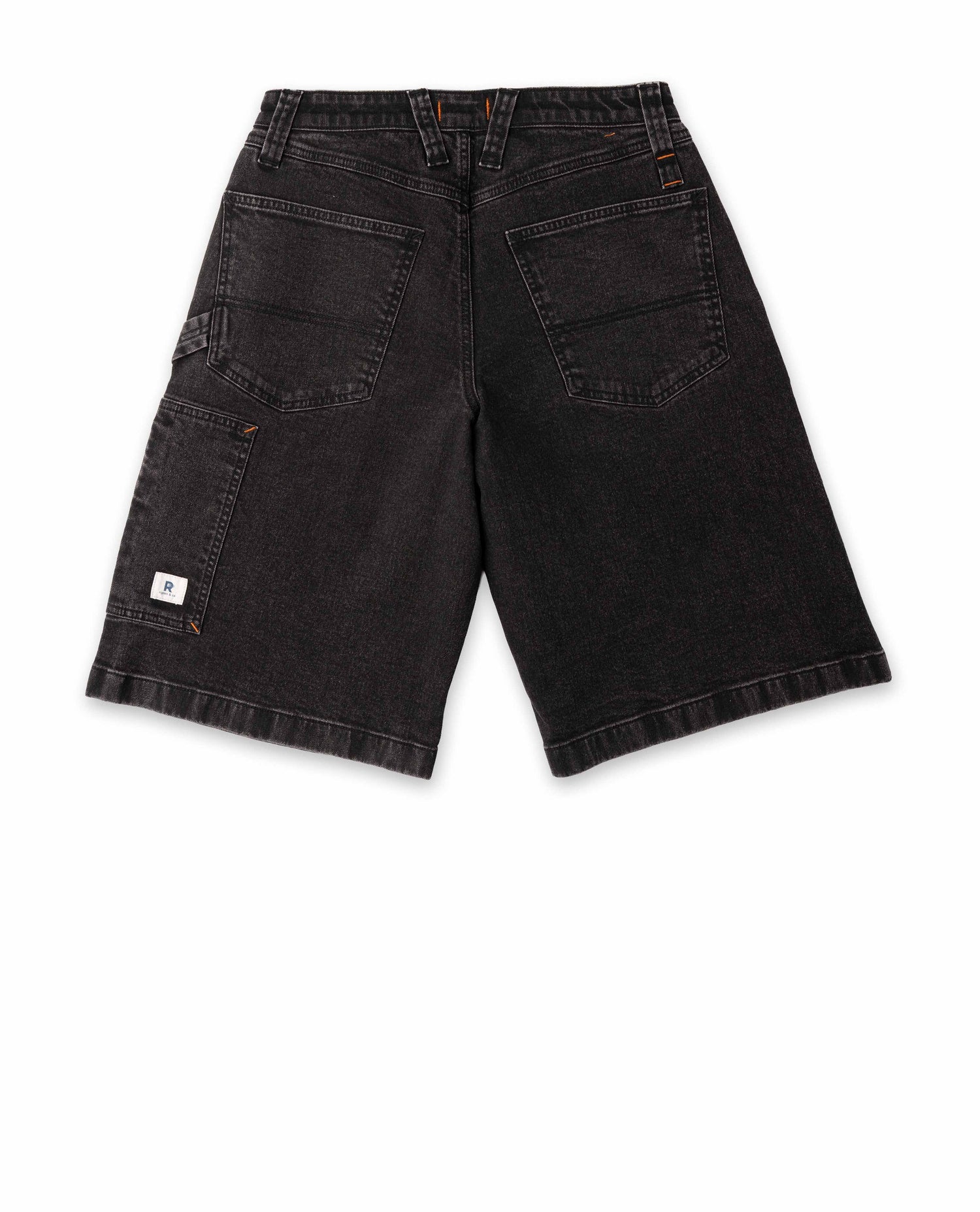 Black denim shorts on a white background
