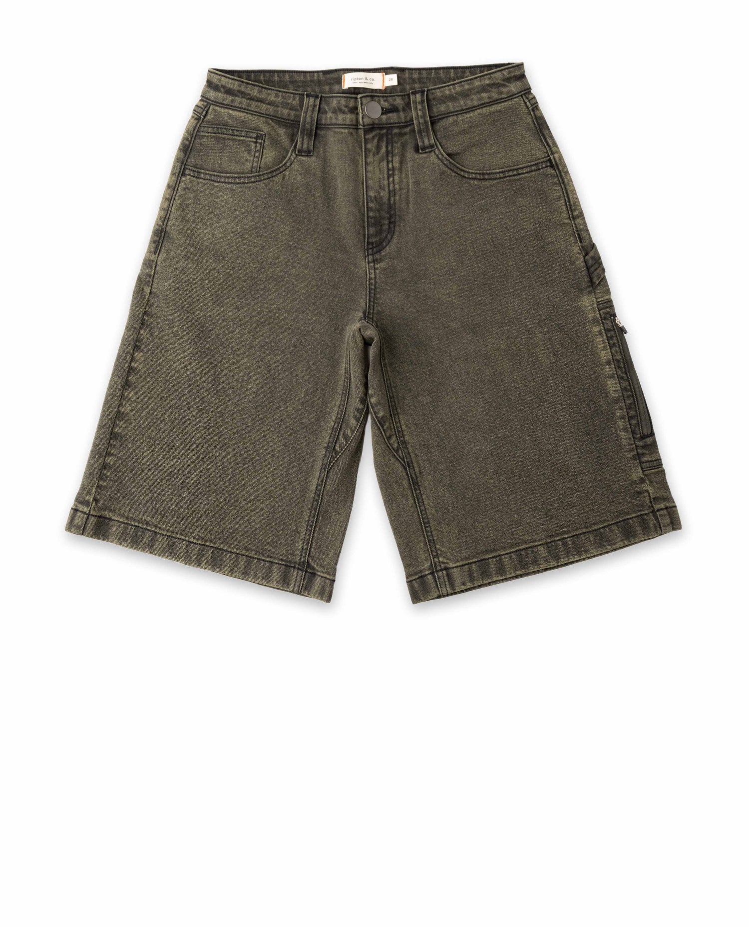 Green denim shorts on a white background