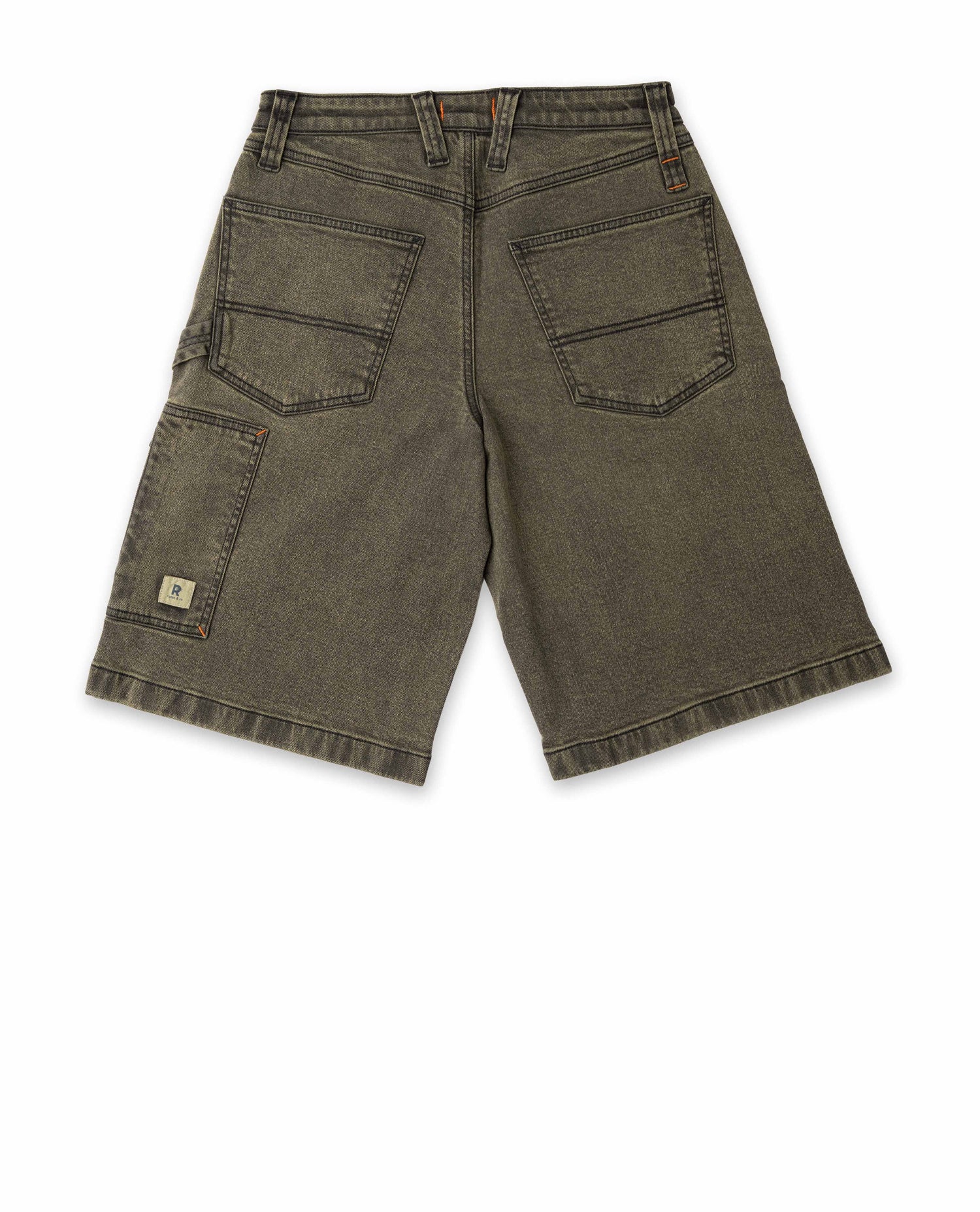 Green denim shorts on a white background
